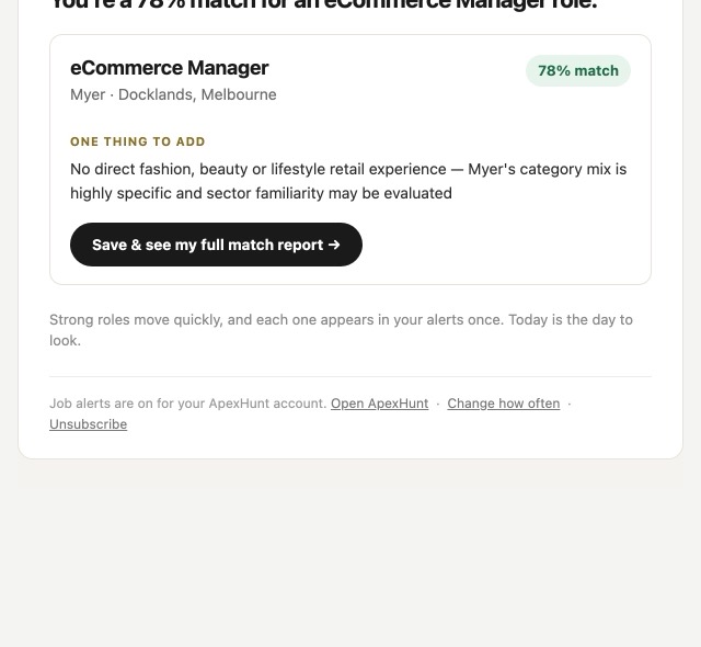 Example of a real ApexHunt job alert email: 'You're a 78% match for an eCommerce Manager role', the role card for Myer in Melbourne with a 78% match badge, the one thing to add, and a 'Save and see my full match report' button